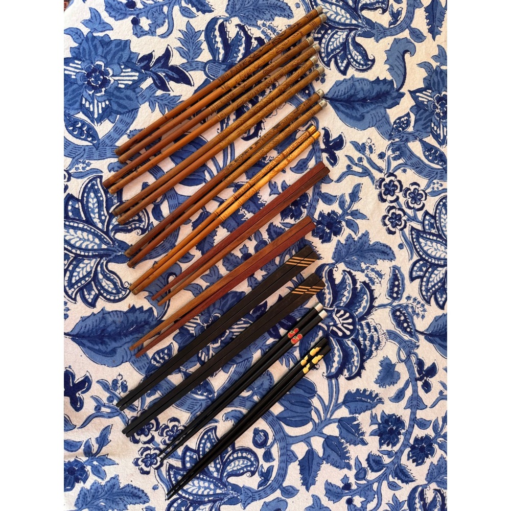 Vintage Assorted Chopsticks‎ Set 9 Pairs Bamboo Carved Wood Lacquer Inlaid Decor
